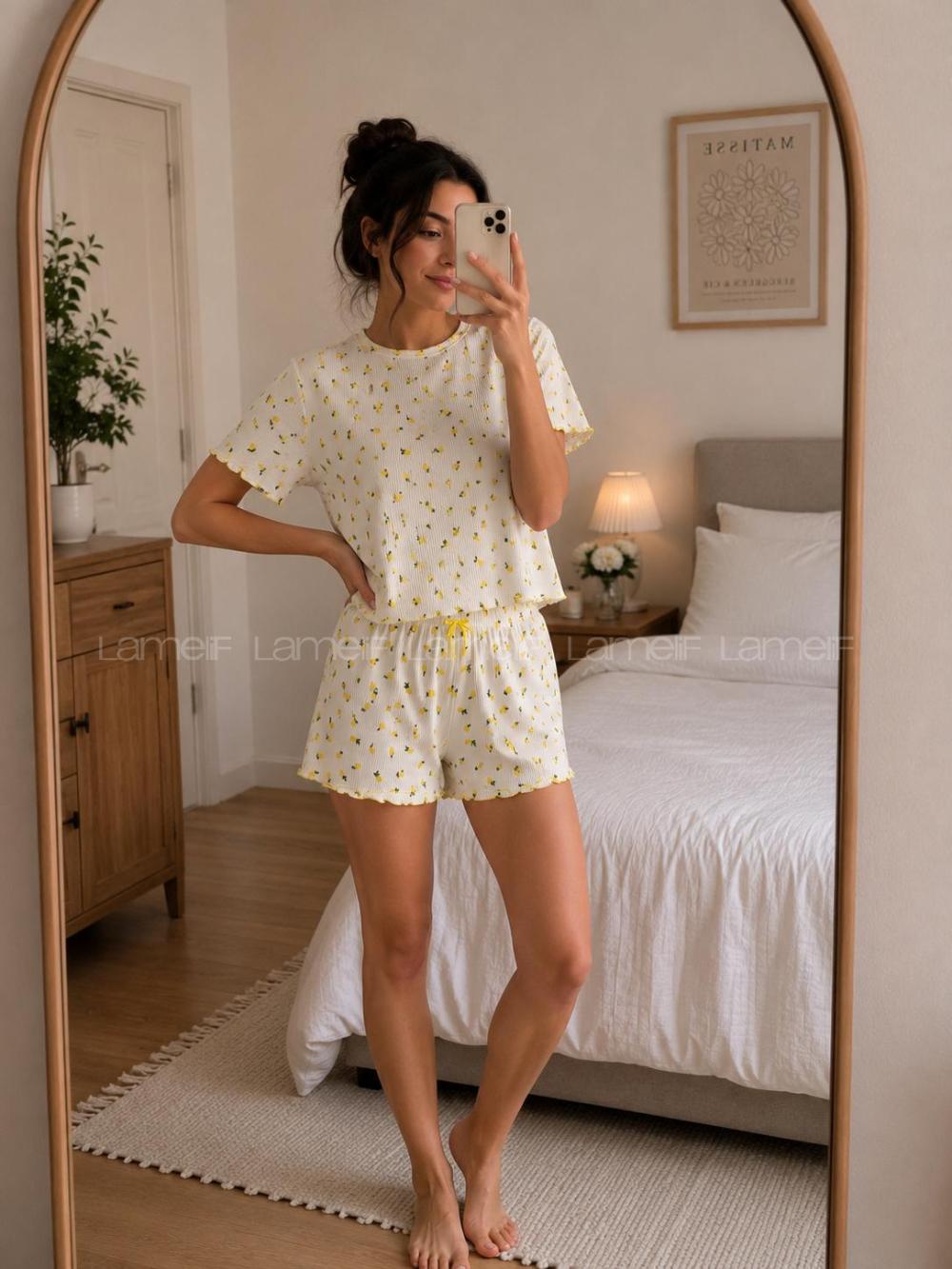 Lamelif Kadın Bisiklet Yaka Limon Desen Şortlu Pijama Takımı