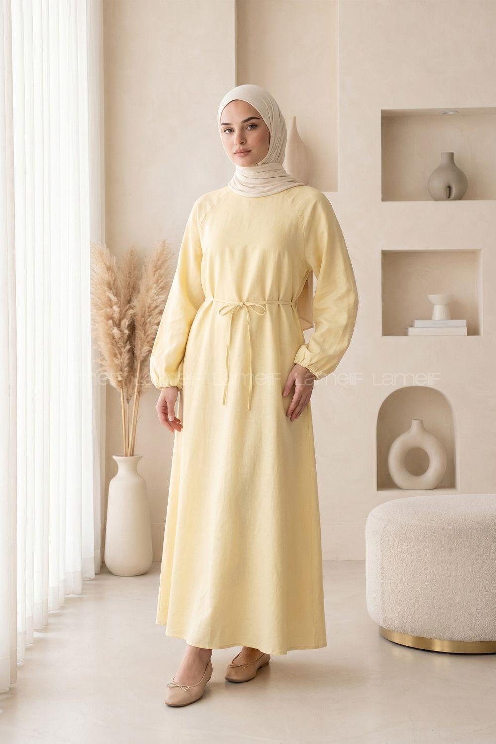 Yellow Crew Neck Cotton Dresess