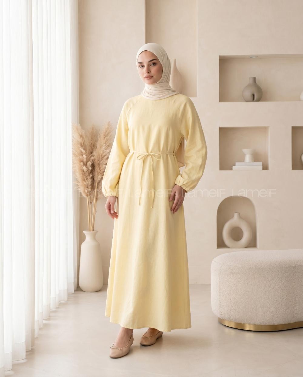 Yellow Crew Neck Cotton Dresess
