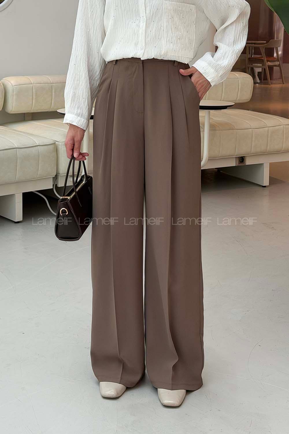 Khaki Viscose Fabric Polyester High Waist Material Pants