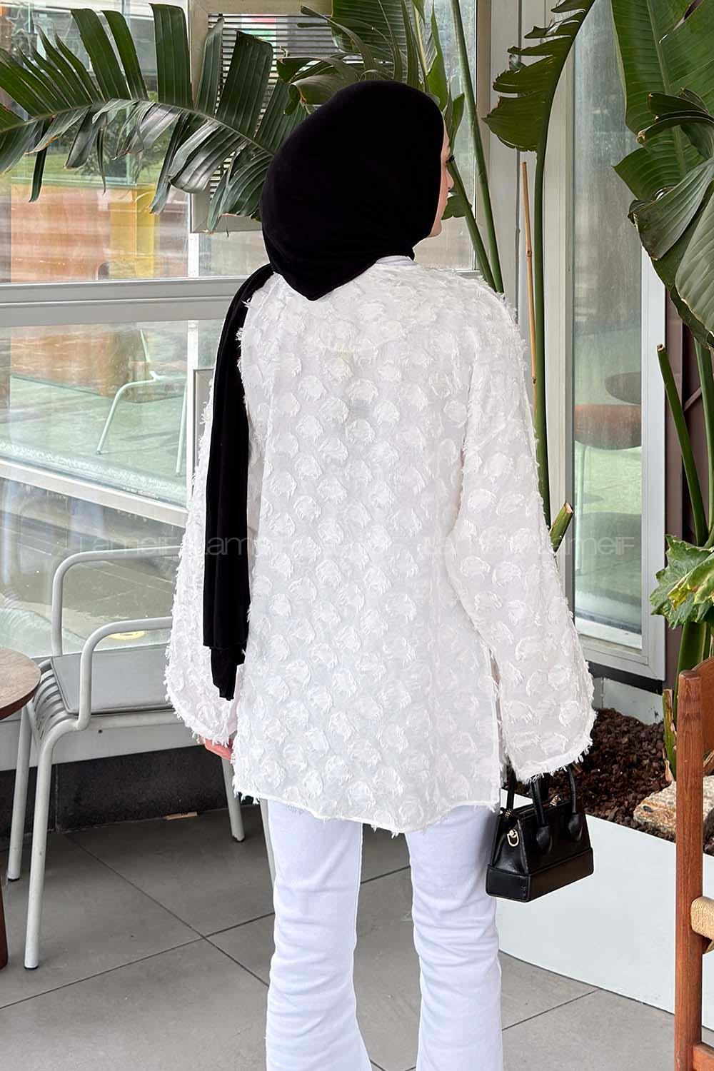 Lamelif Fırfırlı Kabartma Dokulu Tunik Beyaz