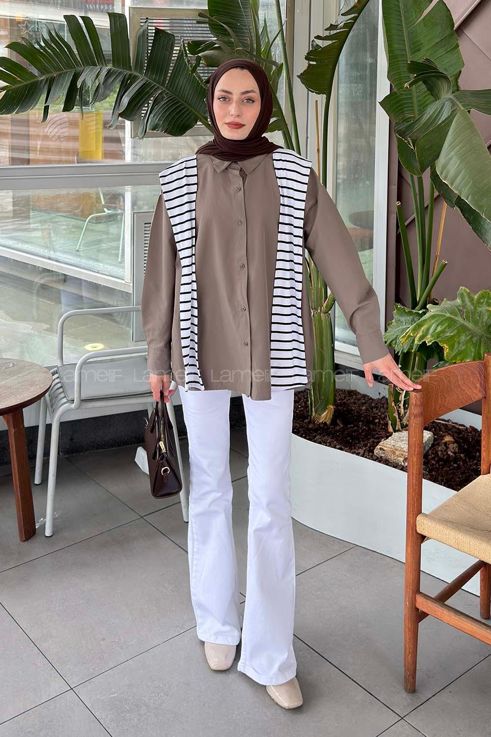Lamelif Garnili Oversize Gömlek Soft Kahve