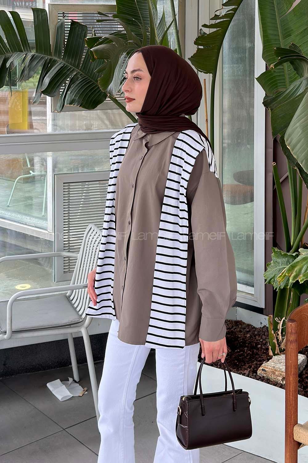 Lamelif Garnili Oversize Gömlek Soft Kahve