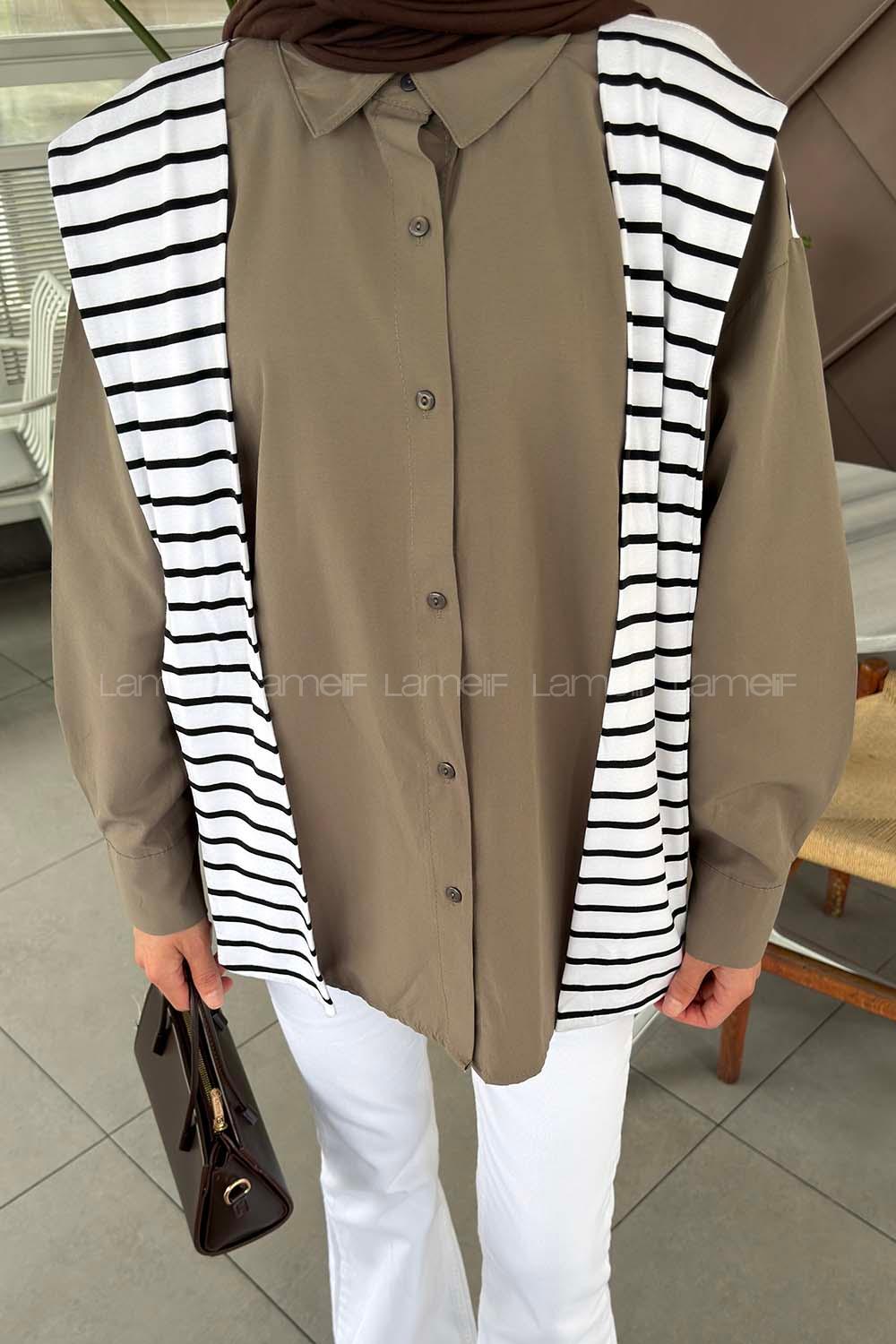 Lamelif Garnili Oversize Gömlek Soft Kahve