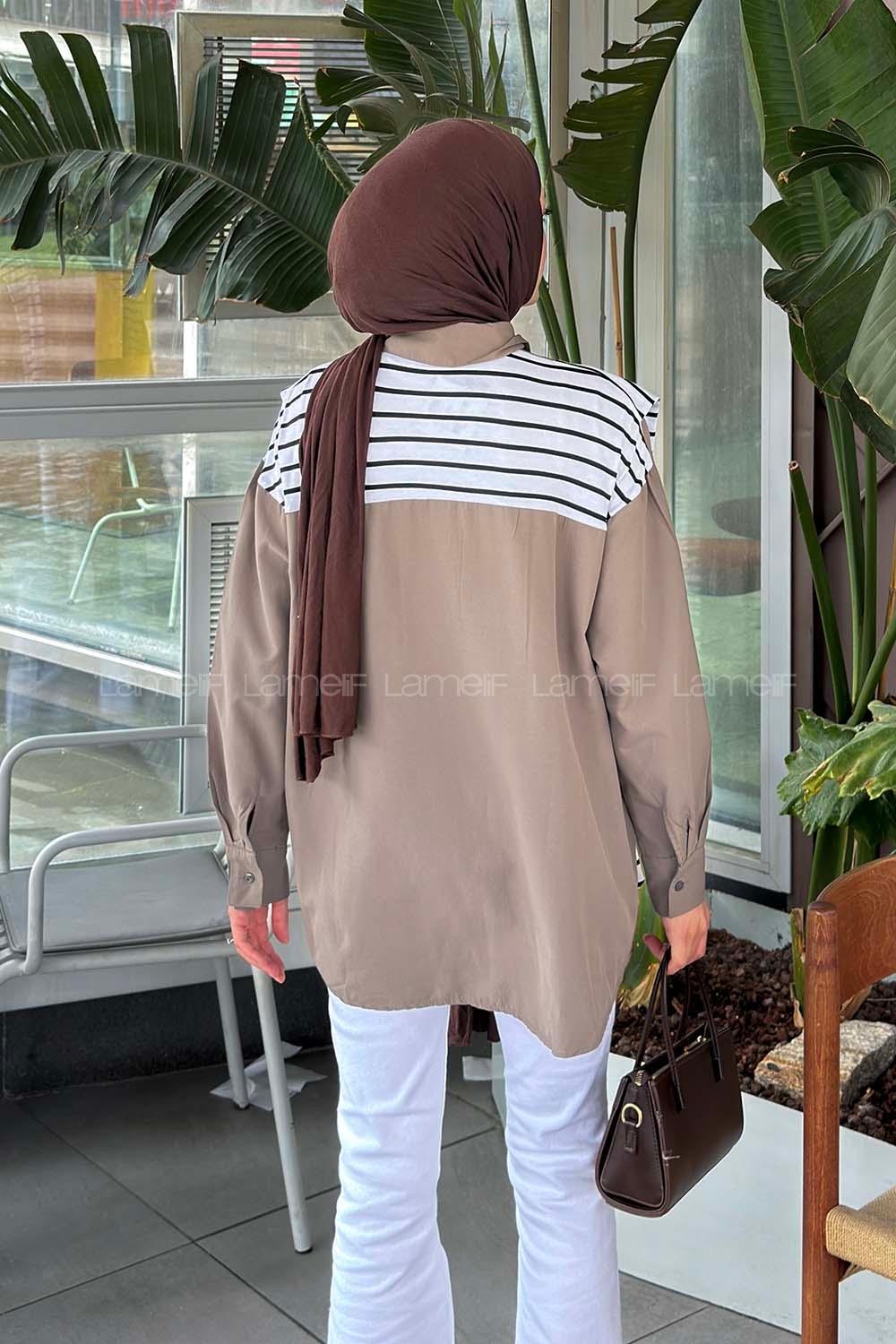 Lamelif Garnili Oversize Gömlek Soft Kahve