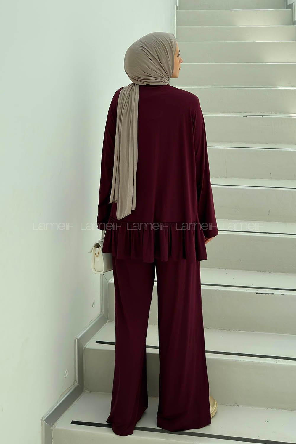 Lamelif Asimetrik Fırfır Detaylı Pantolonlu Takım Bordo