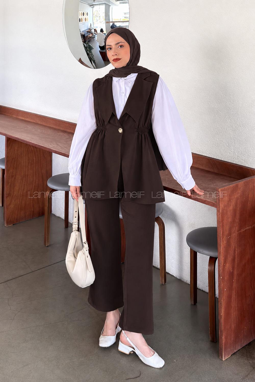 Lamelif Blazer Kesim Yelekli Takım Acı Kahve