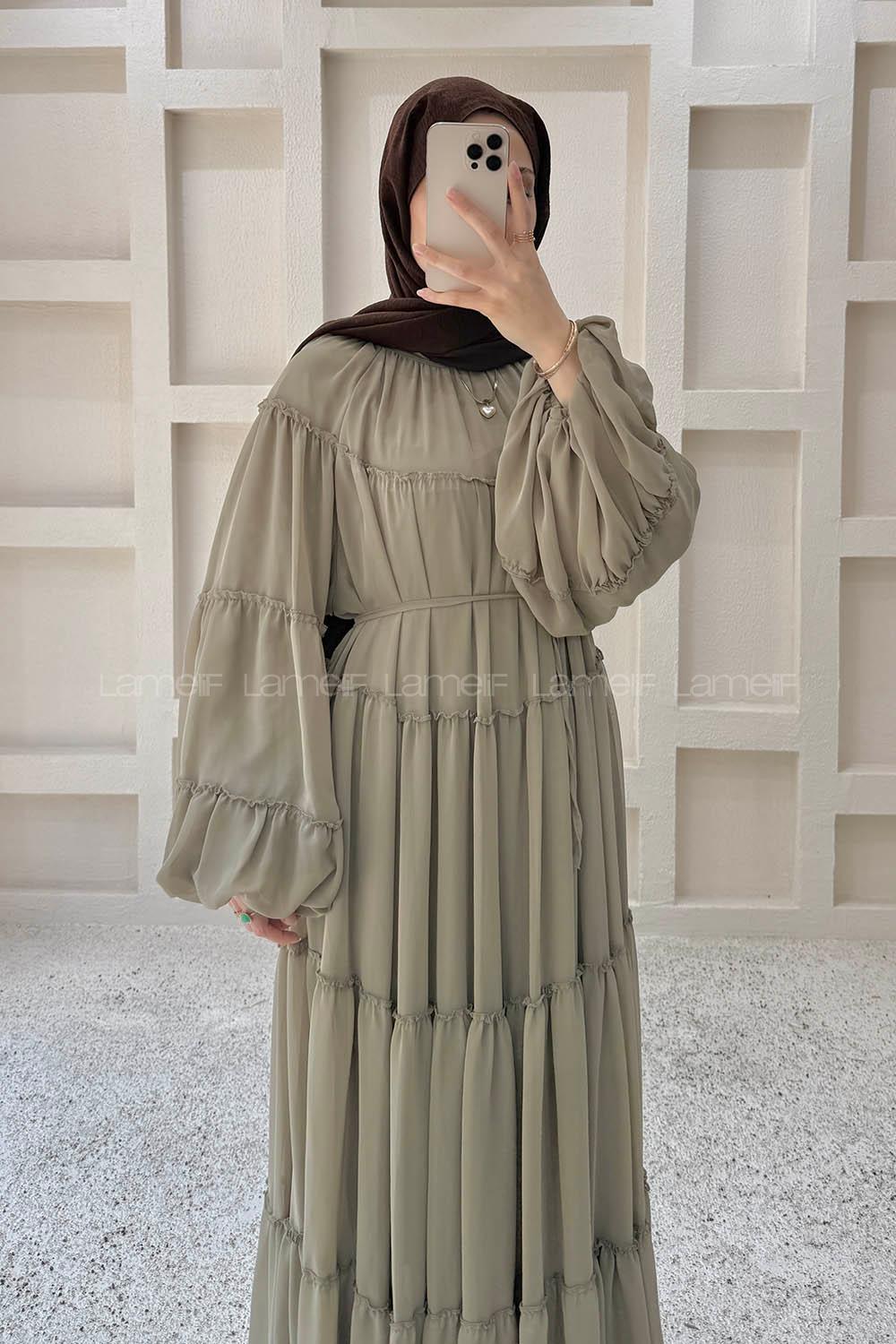 Khaki Crew Neck Viscose Fabric Dresess
