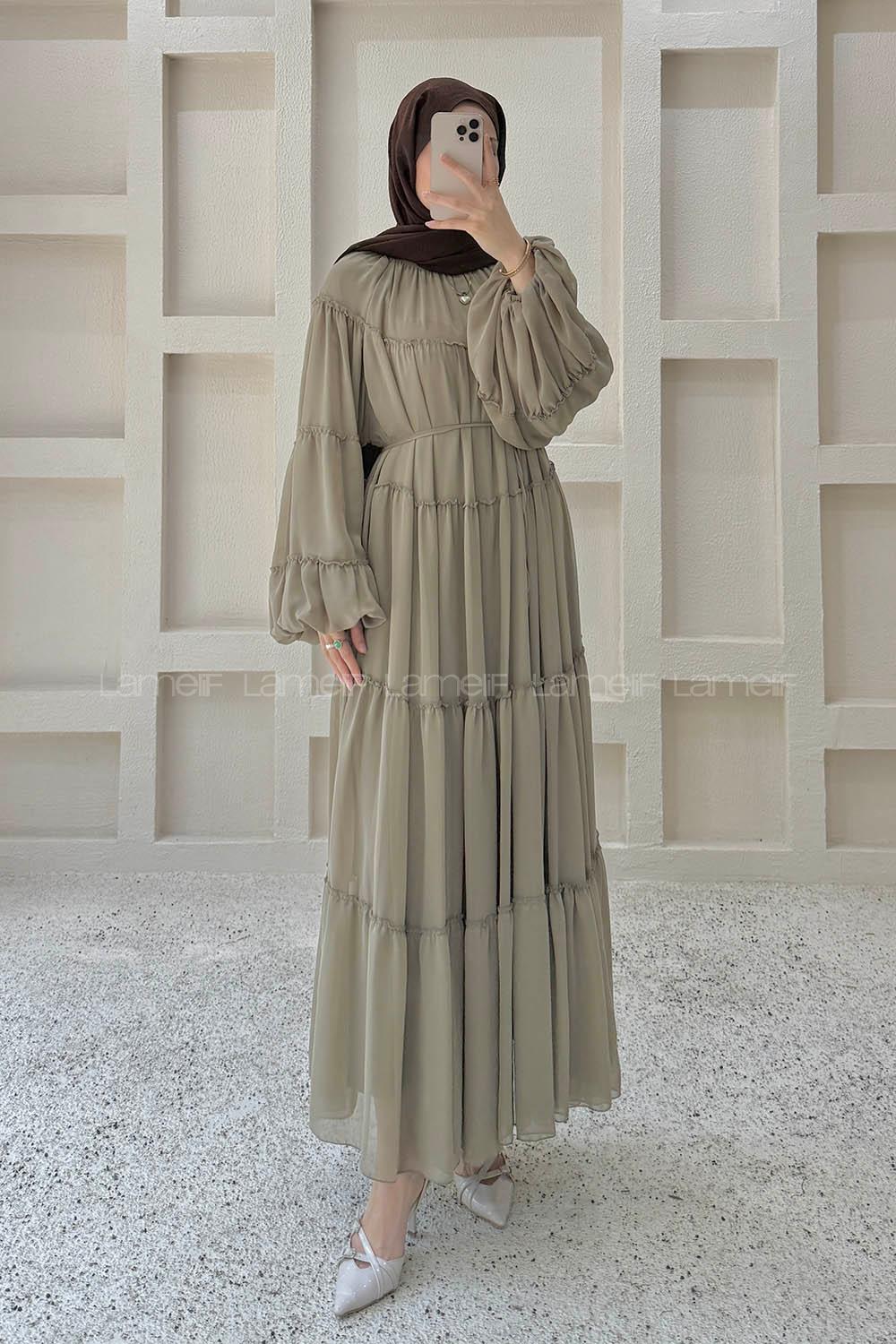 Khaki Crew Neck Viscose Fabric Dresess