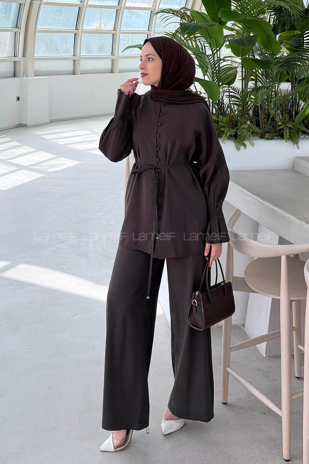 Bitter Brown Crew Neck Long Arm Sandy Fabric Regular Trousers Comfortable Suit
