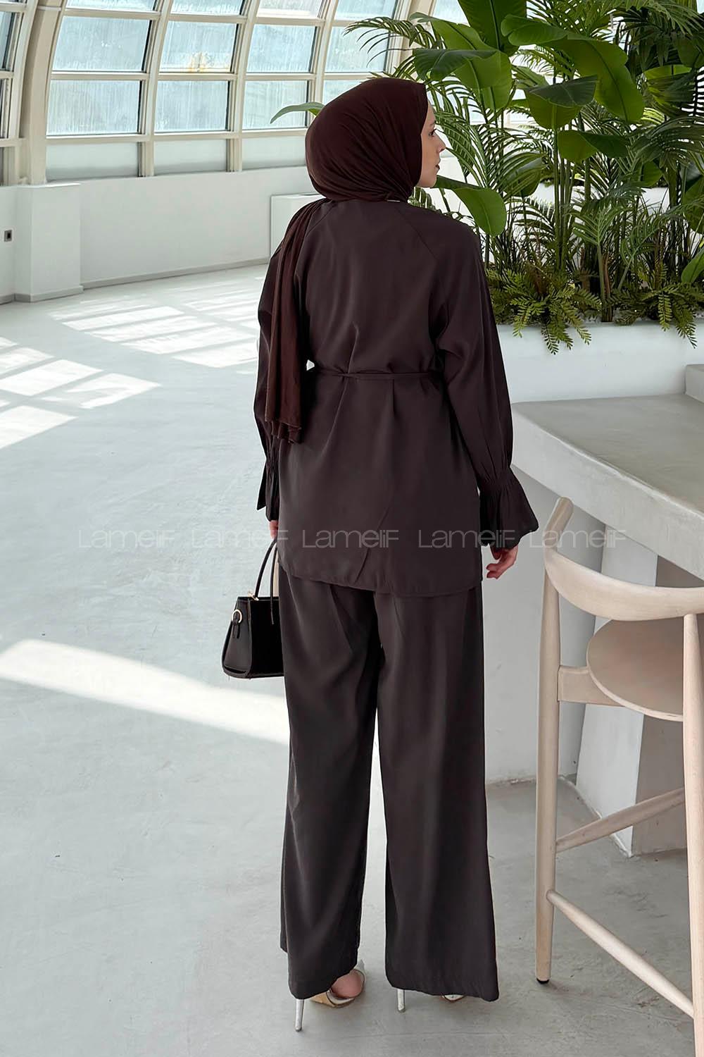 Bitter Brown Crew Neck Long Arm Sandy Fabric Regular Trousers Comfortable Suit