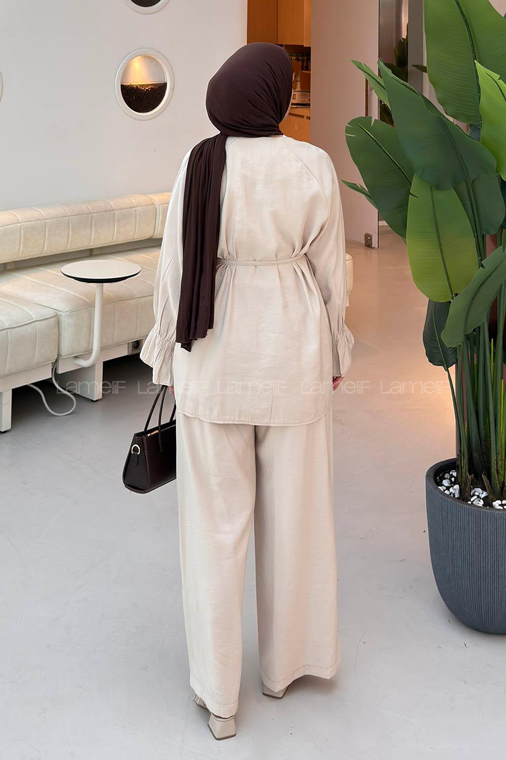 Cream Crew Neck Long Arm Sandy Fabric Regular Trousers Comfortable Suit