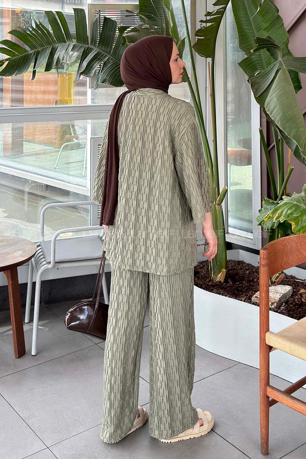Plum Green V Neck Long Arm Cotton Regular Trousers Comfortable Suit