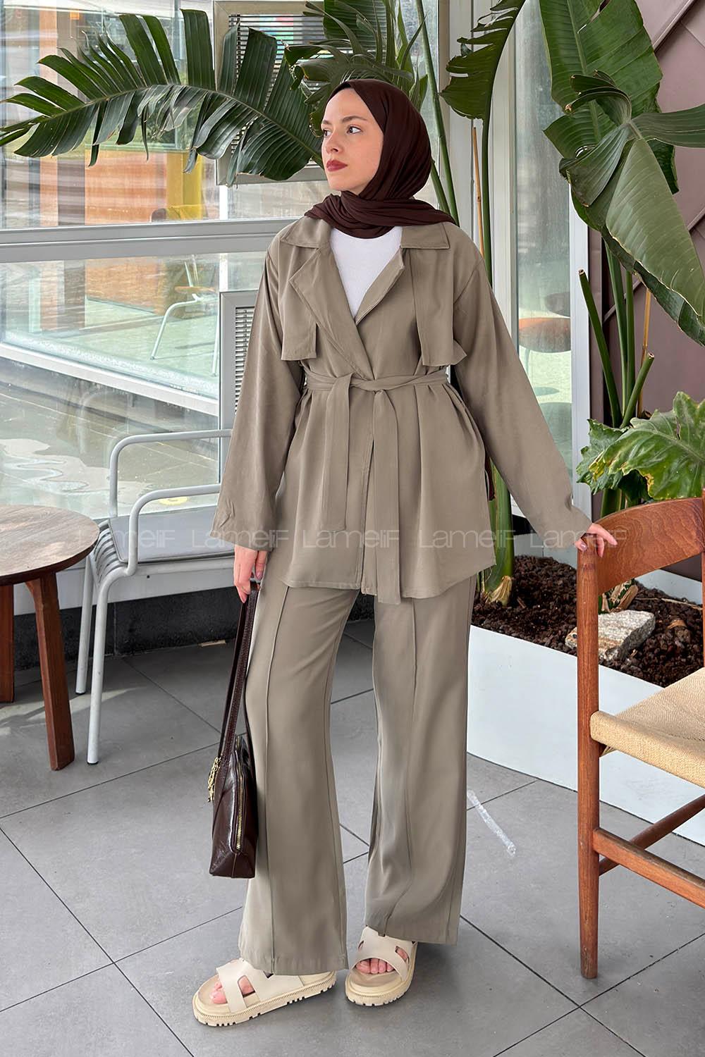 Khaki V Neck Long Arm Tensel Regular Trousers Comfortable Suit