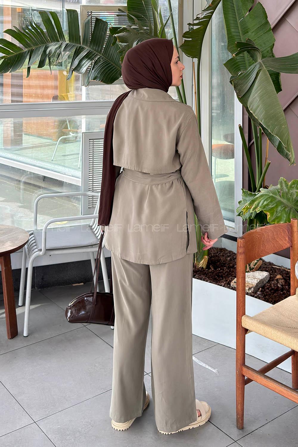 Khaki V Neck Long Arm Tensel Regular Trousers Comfortable Suit