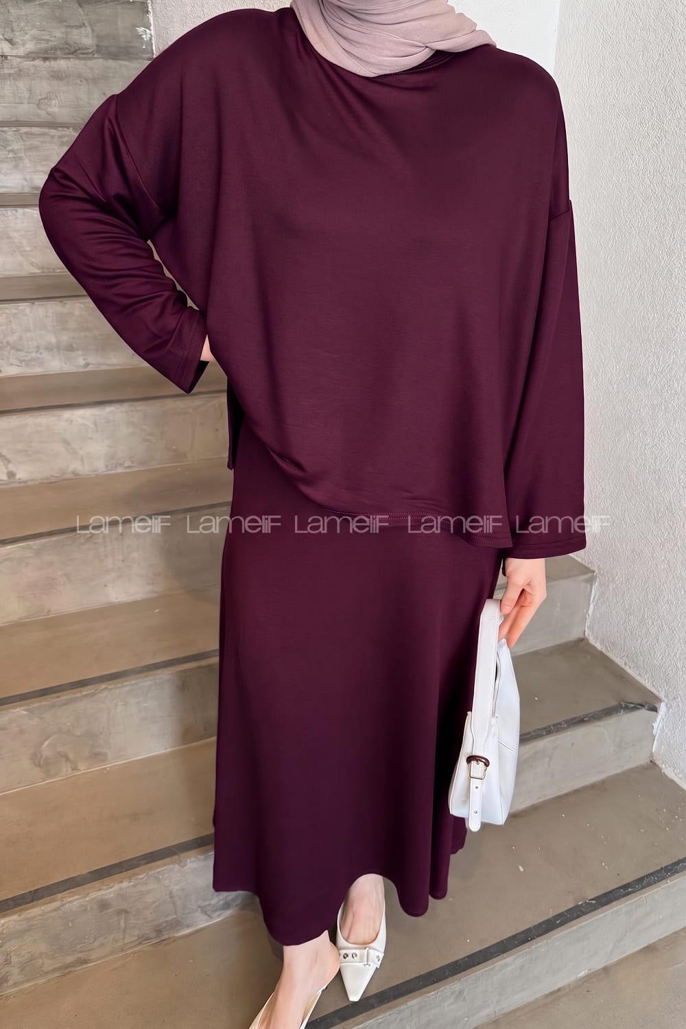 Lamelif Kristal Kloş Etekli Tesettür Takım Mürdüm