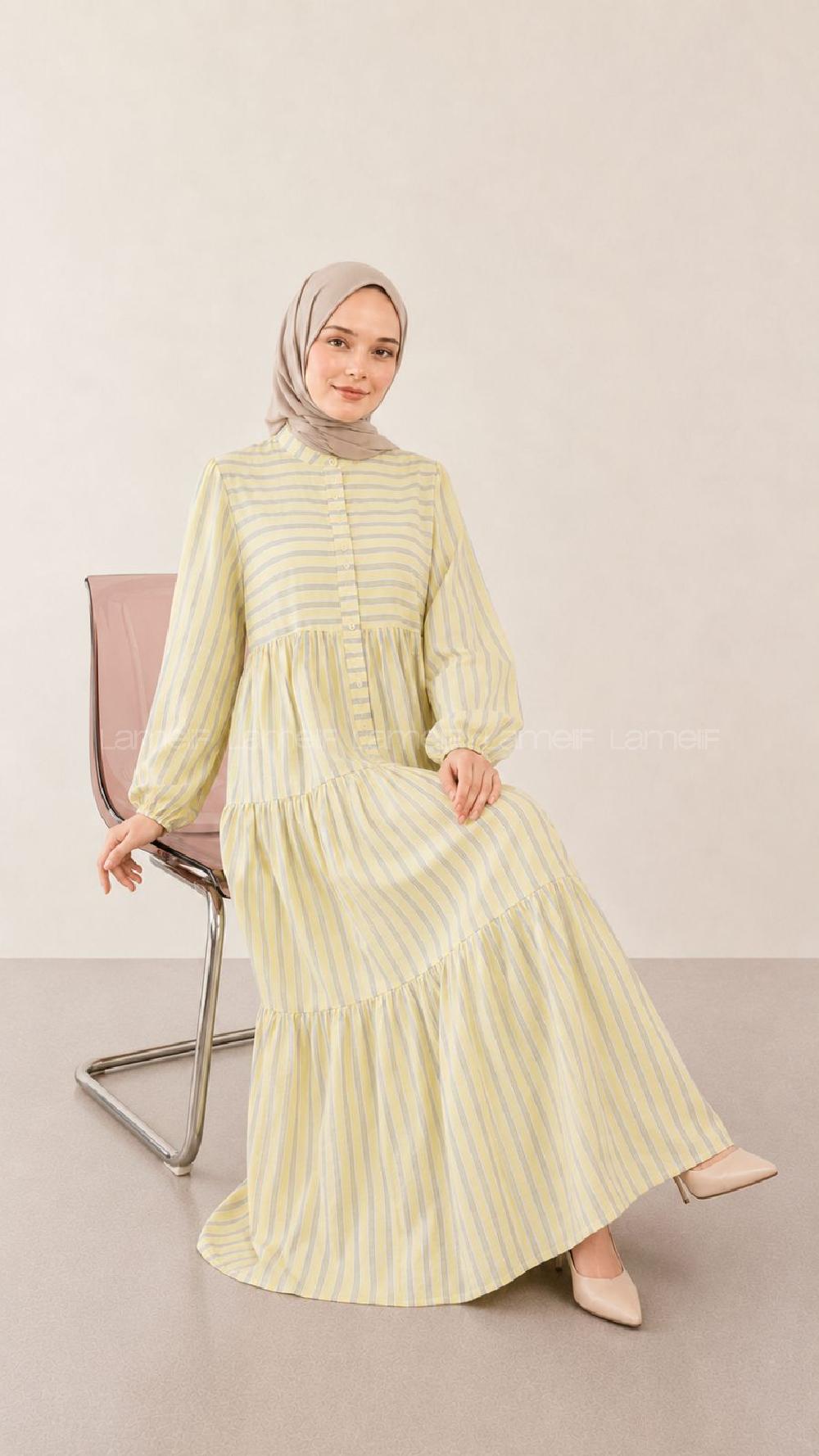 Lamelif Çizgi Desenli Elbise Sarı