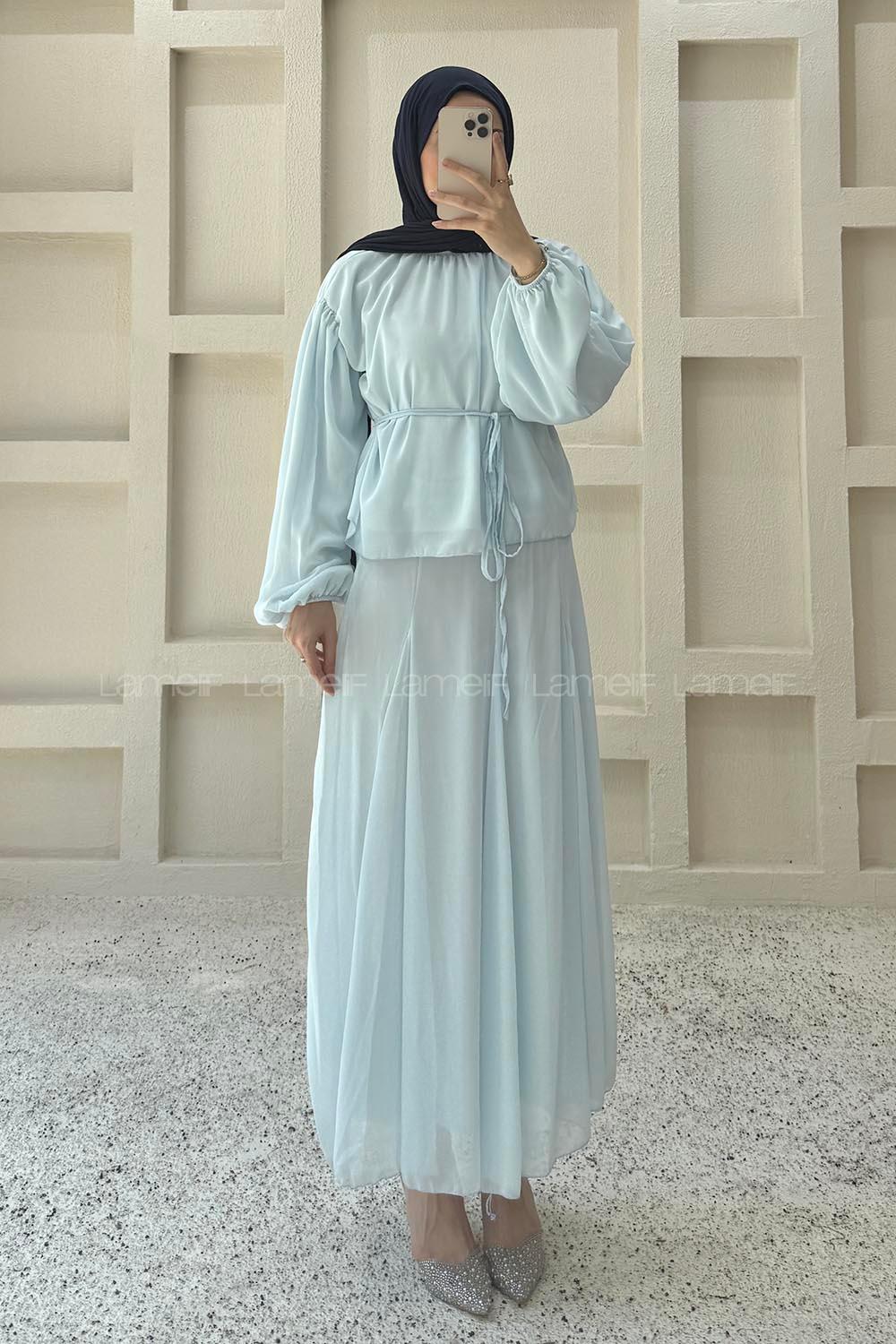 Baby Blue Foulard Neck Long Arm Cotton Flared Skirt Suit
