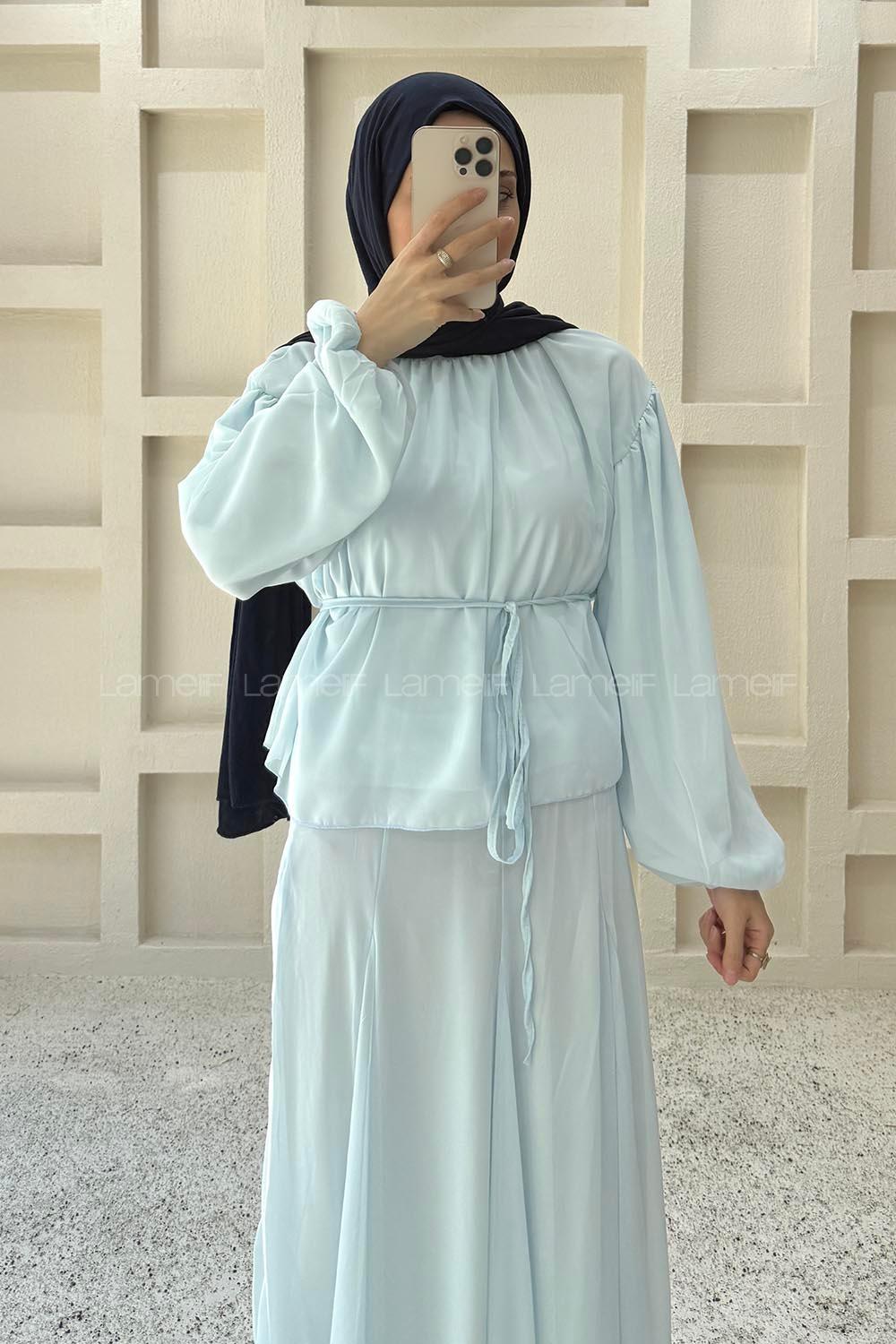 Baby Blue Foulard Neck Long Arm Cotton Flared Skirt Suit