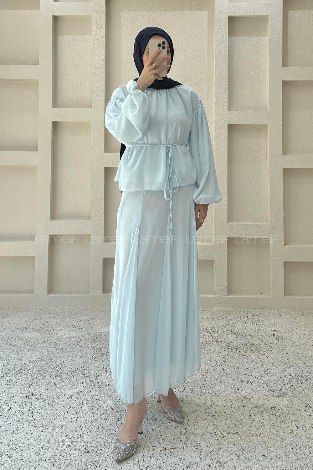 Baby Blue Foulard Neck Long Arm Cotton Flared Skirt Suit