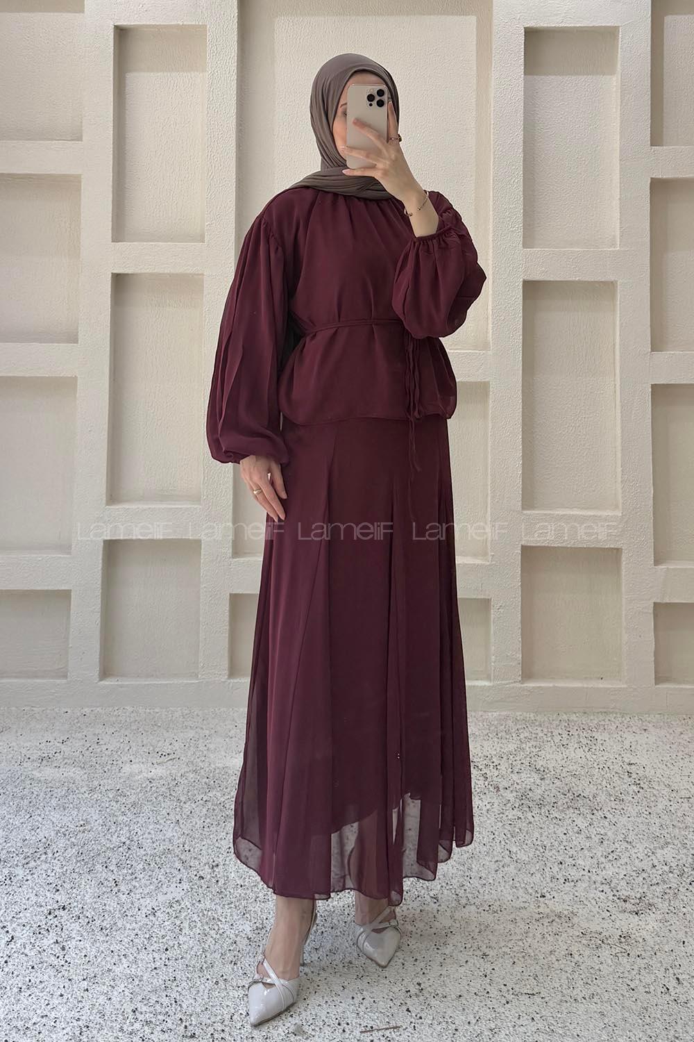 Lamelif Fularlı Bağlama Detaylı Etekli Takım Bordo