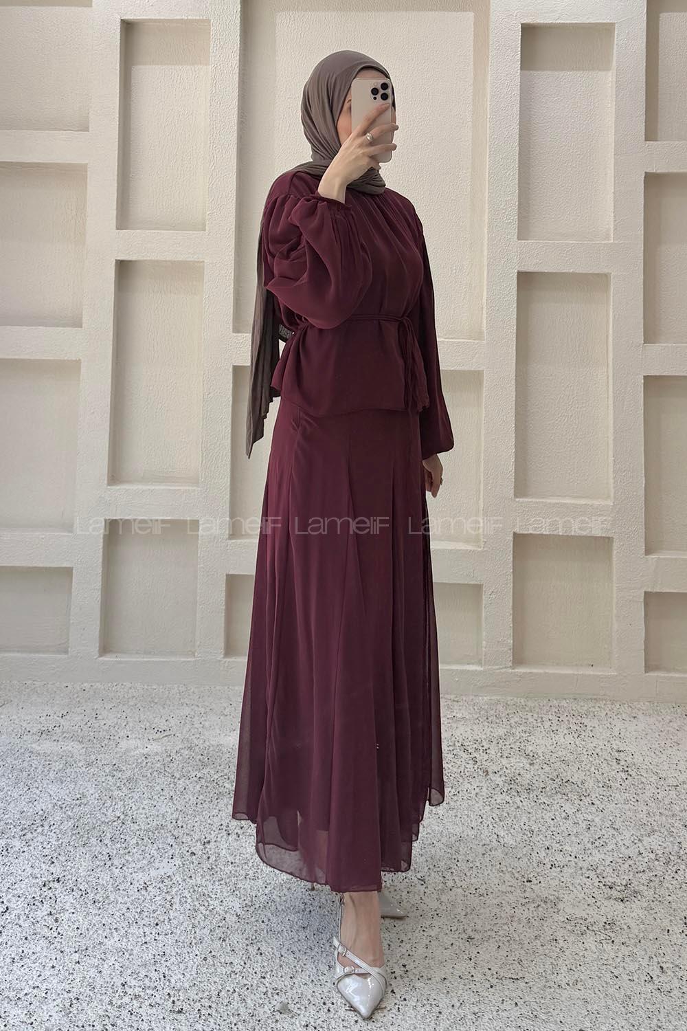 Lamelif Fularlı Bağlama Detaylı Etekli Takım Bordo