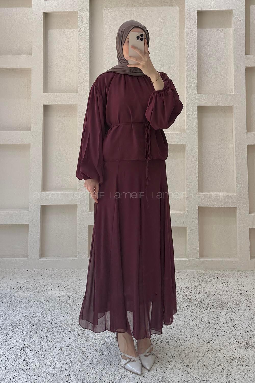 Lamelif Fularlı Bağlama Detaylı Etekli Takım Bordo