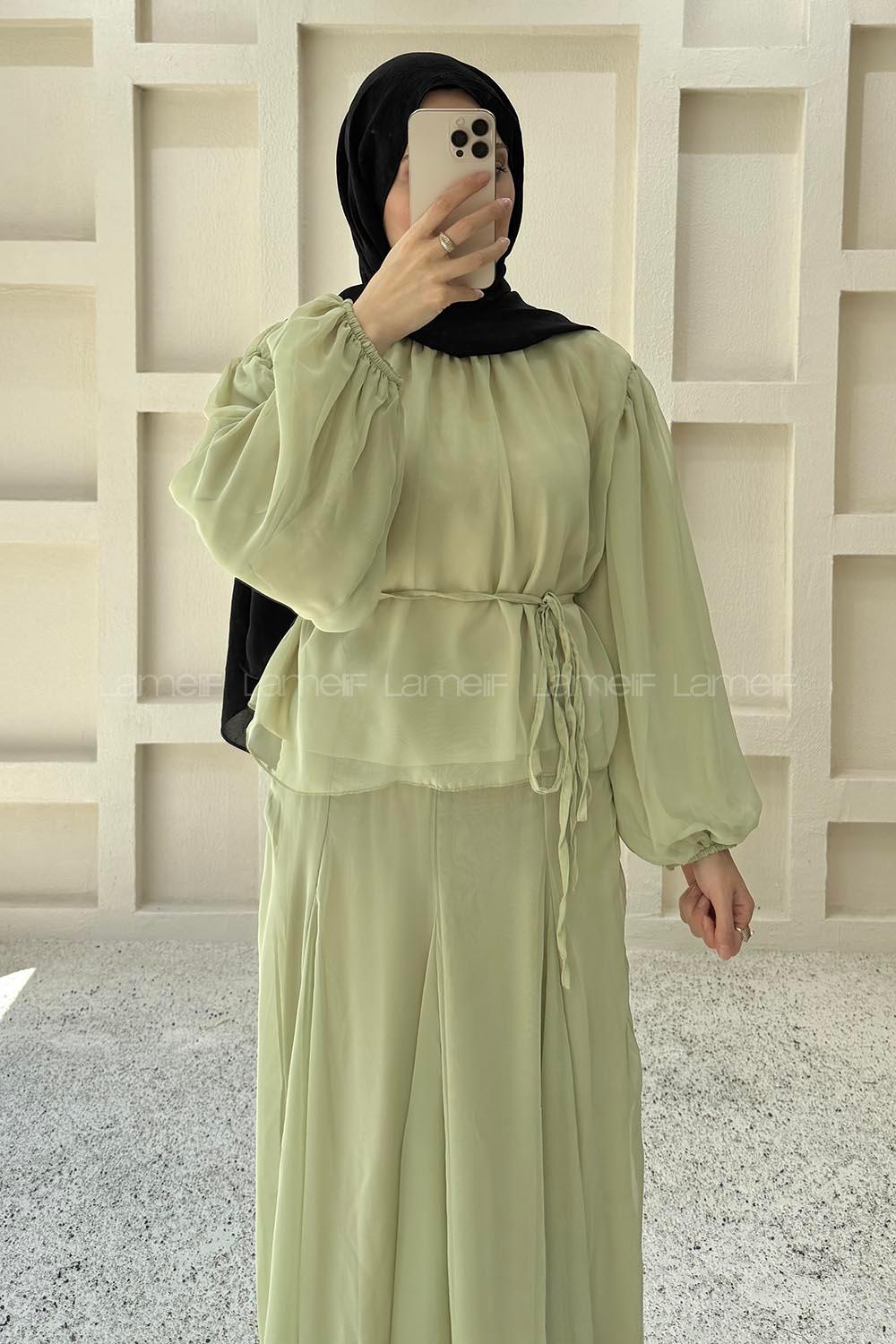 Lamelif Fularlı Bağlama Detaylı Etekli Takım Mint Yeşili