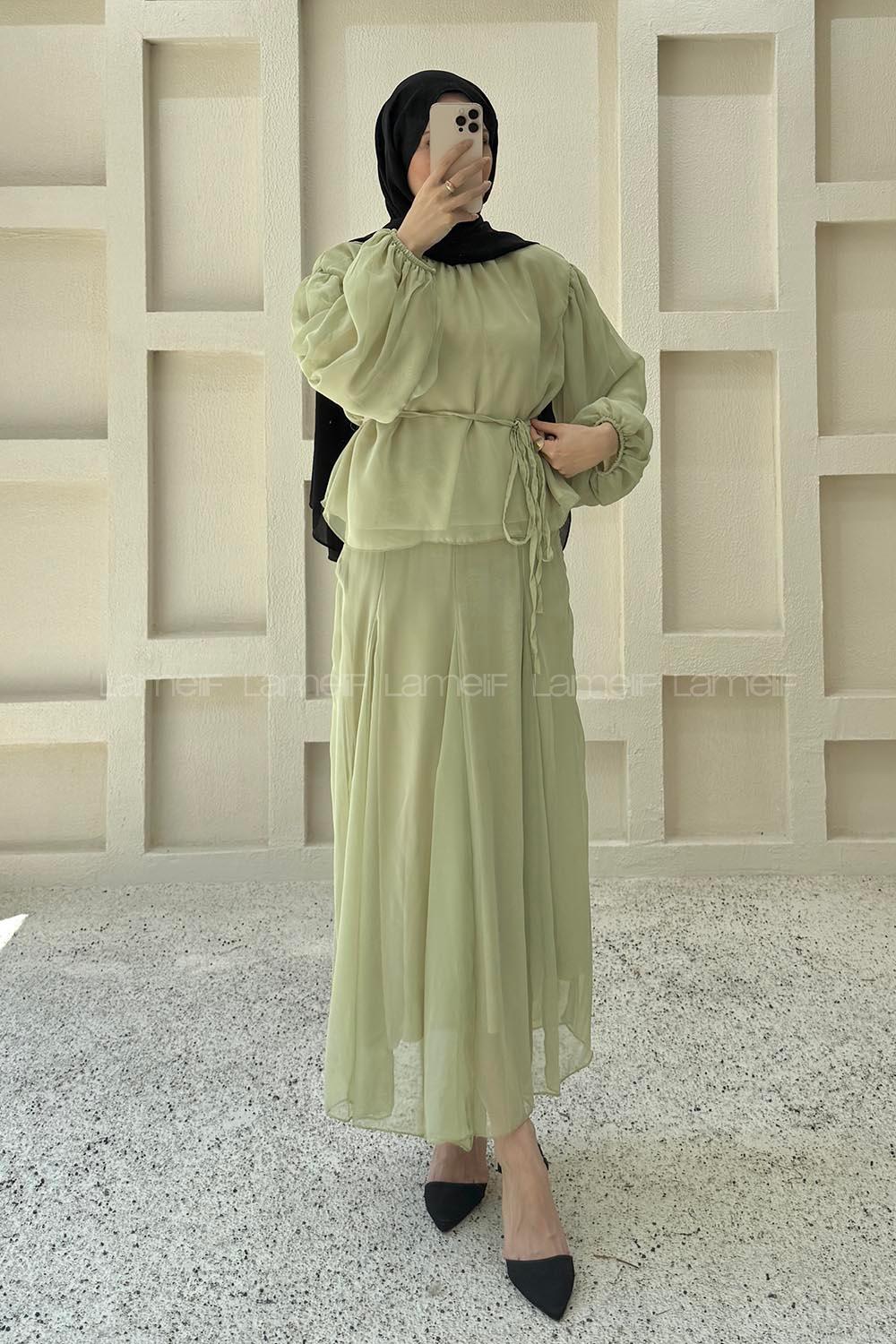 Lamelif Fularlı Bağlama Detaylı Etekli Takım Mint Yeşili