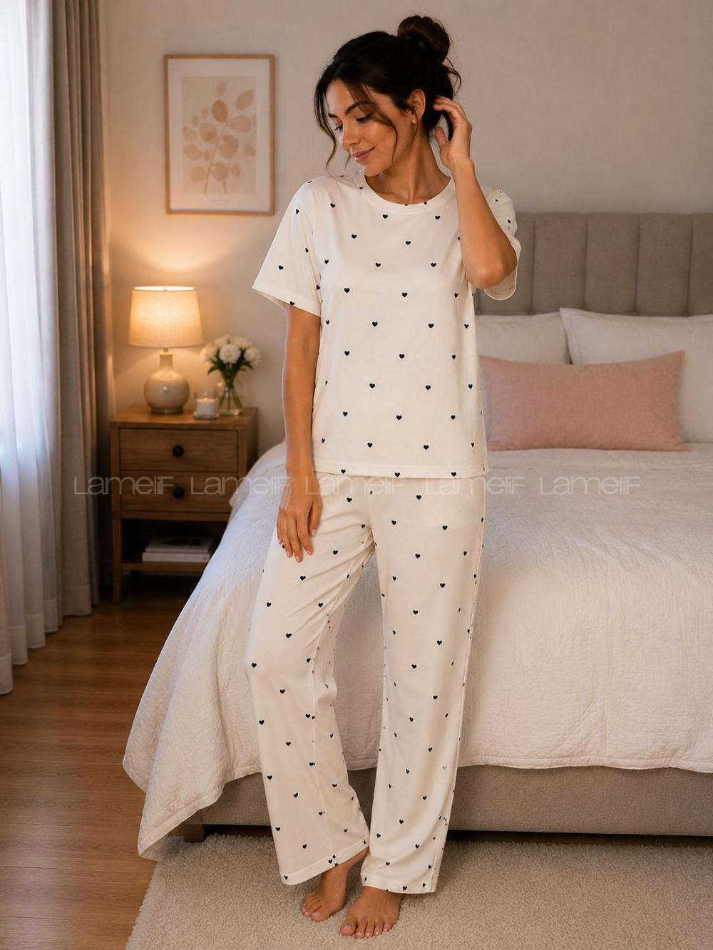 Lamelif Kadın Kalp Desen Milan Pijama Kumaş