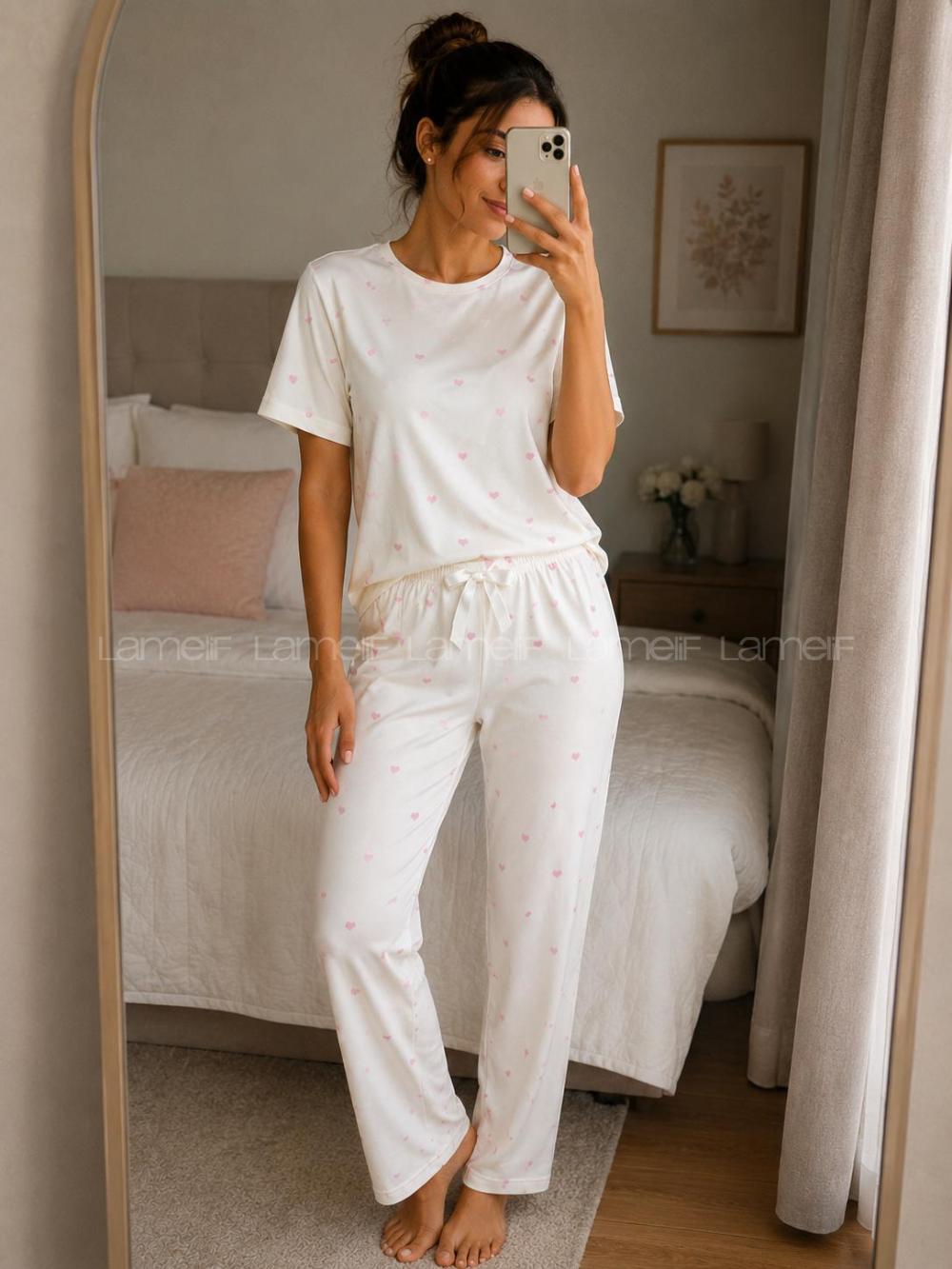 Lamelif Kadın Kalp Desen Milan Pijama Kumaş