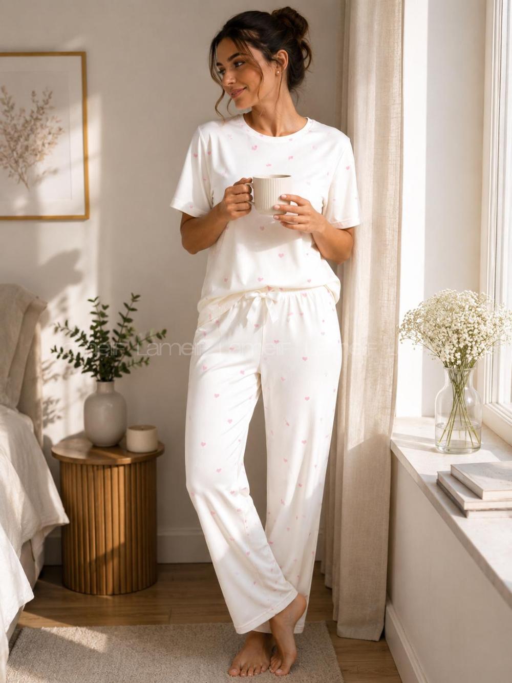 Lamelif Kadın Kalp Desen Milan Pijama Kumaş