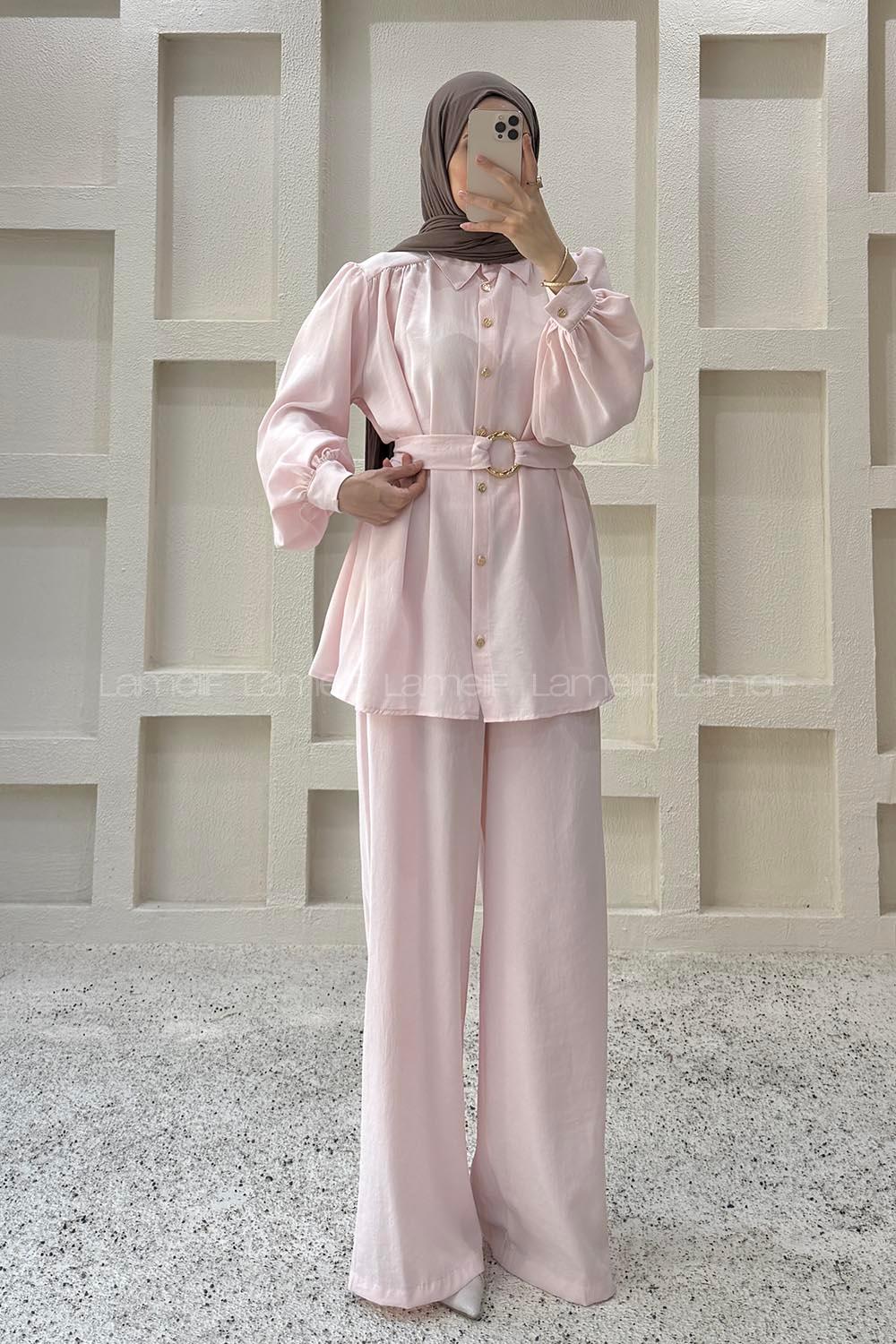 Lamelif Kemerli Büzgülü Pantolonlu Takım Pembe
