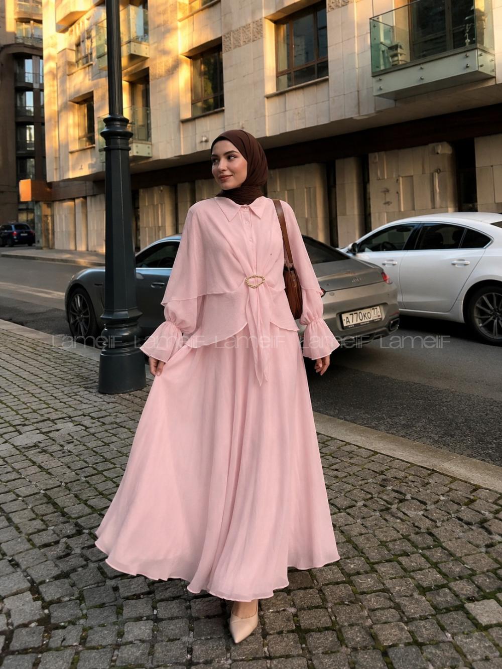 Lamelif Pelerinli Kol Büzgü Detaylı Etekli Takım Pembe
