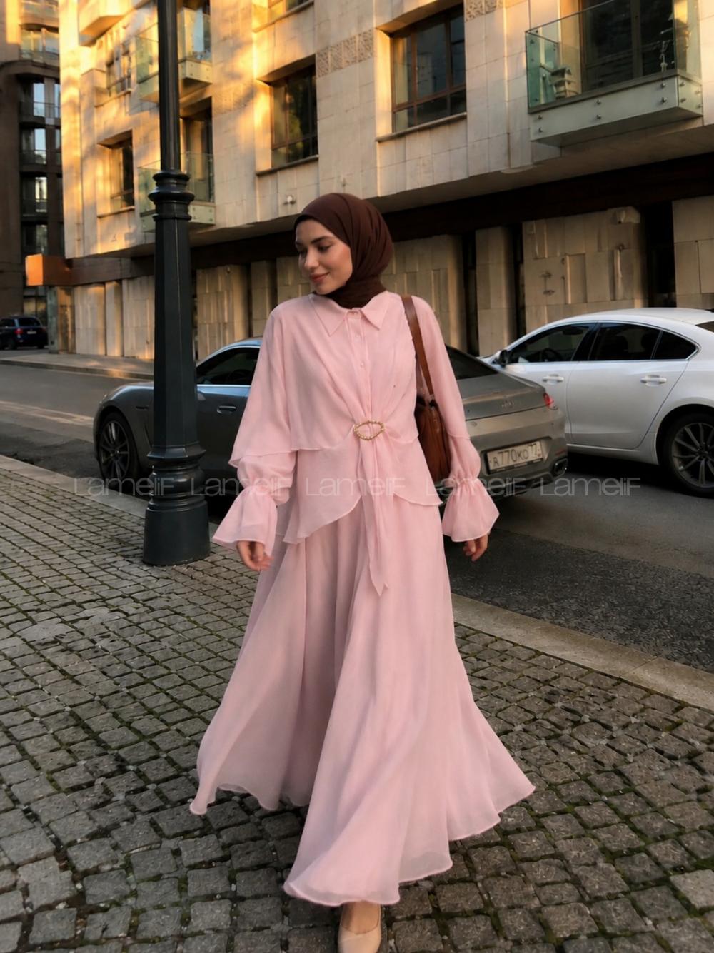 Lamelif Pelerinli Kol Büzgü Detaylı Etekli Takım Pembe