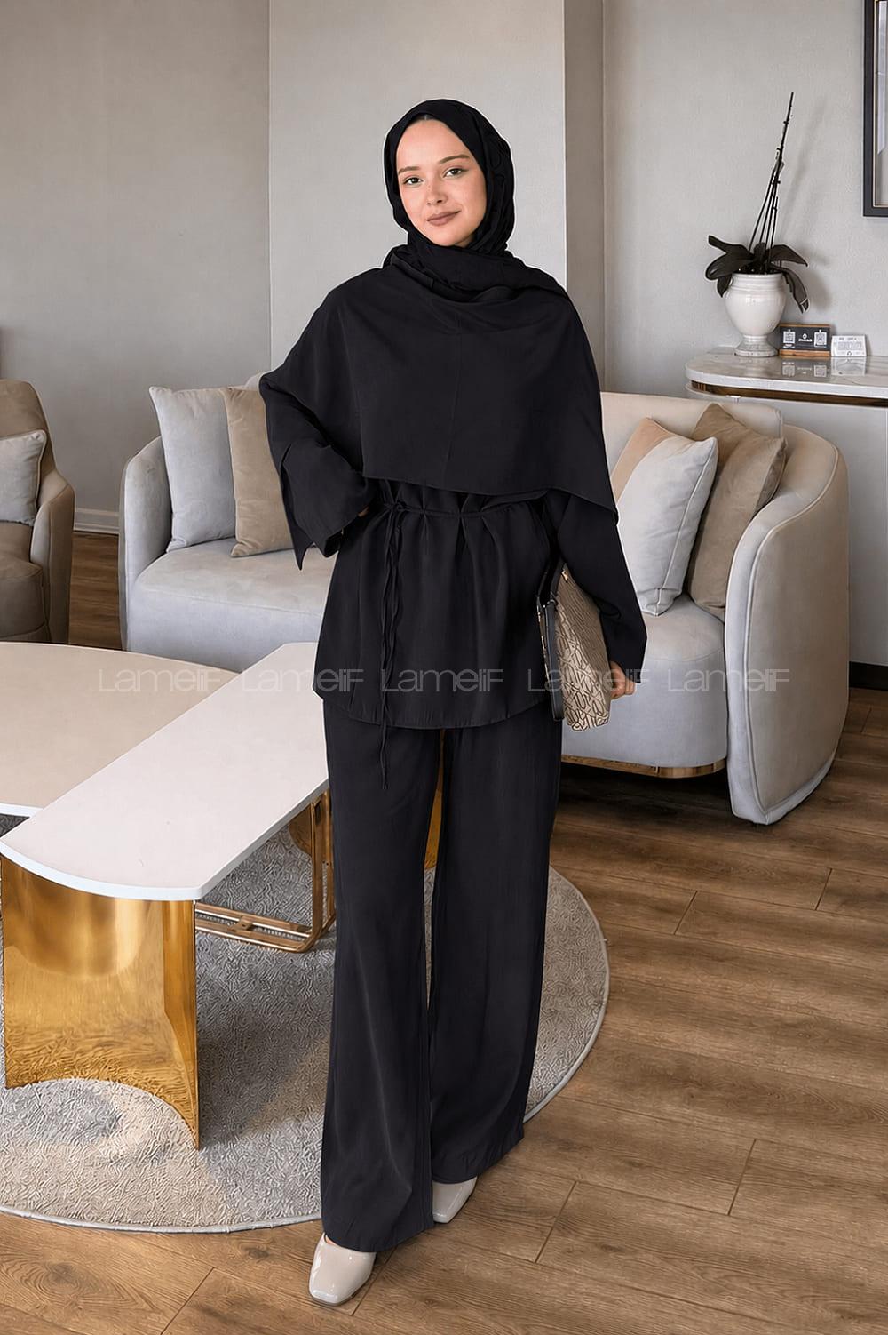Black Crew Neck Long Arm Viscose Fabric Regular Trousers Comfortable Suit