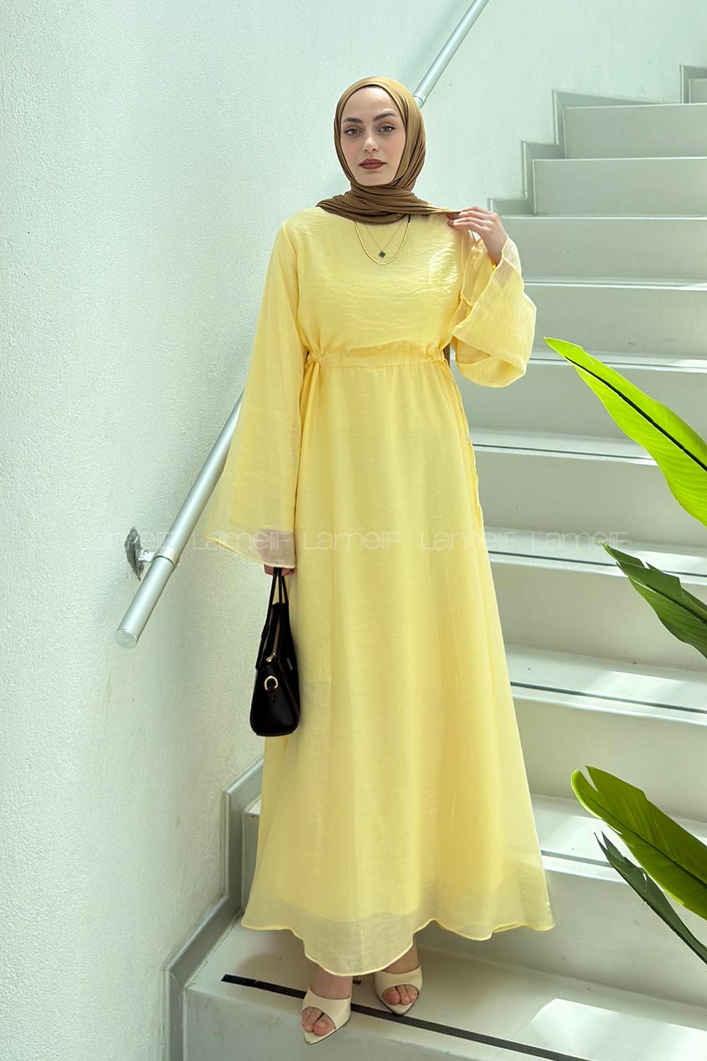 Yellow Crew Neck Cotton Dresess