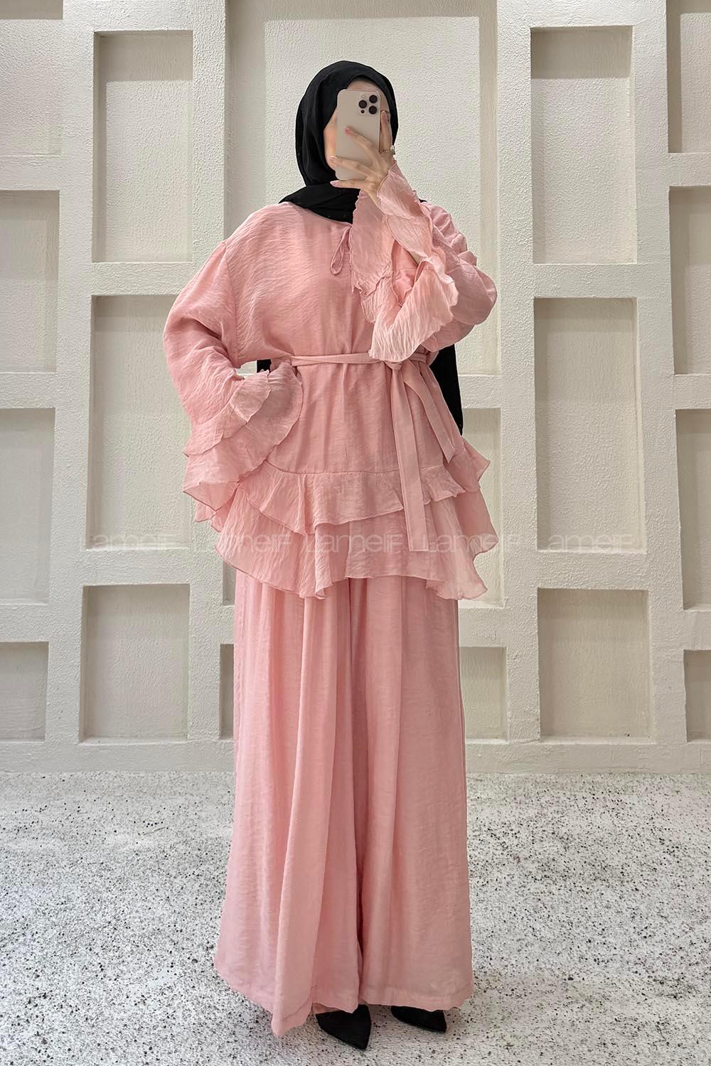 Lamelif Volan Detaylı Etekli Takım Pembe