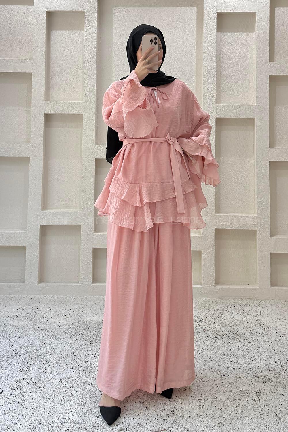 Lamelif Volan Detaylı Etekli Takım Pembe