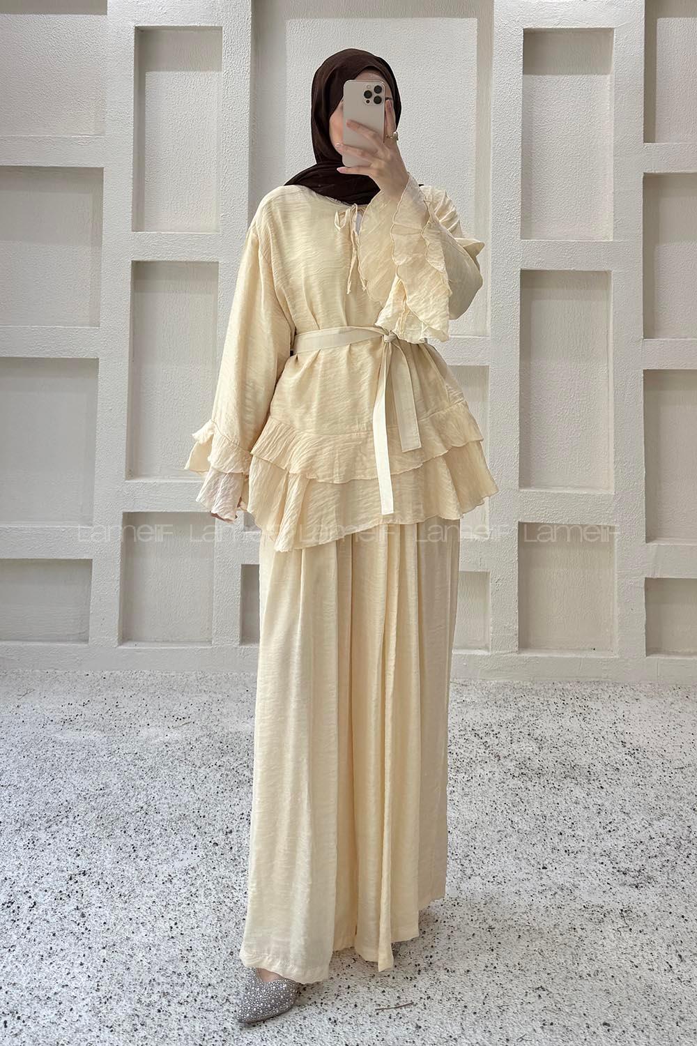 Soft Yellow Crew Neck Long Arm Cotton Flared Skirt Suit