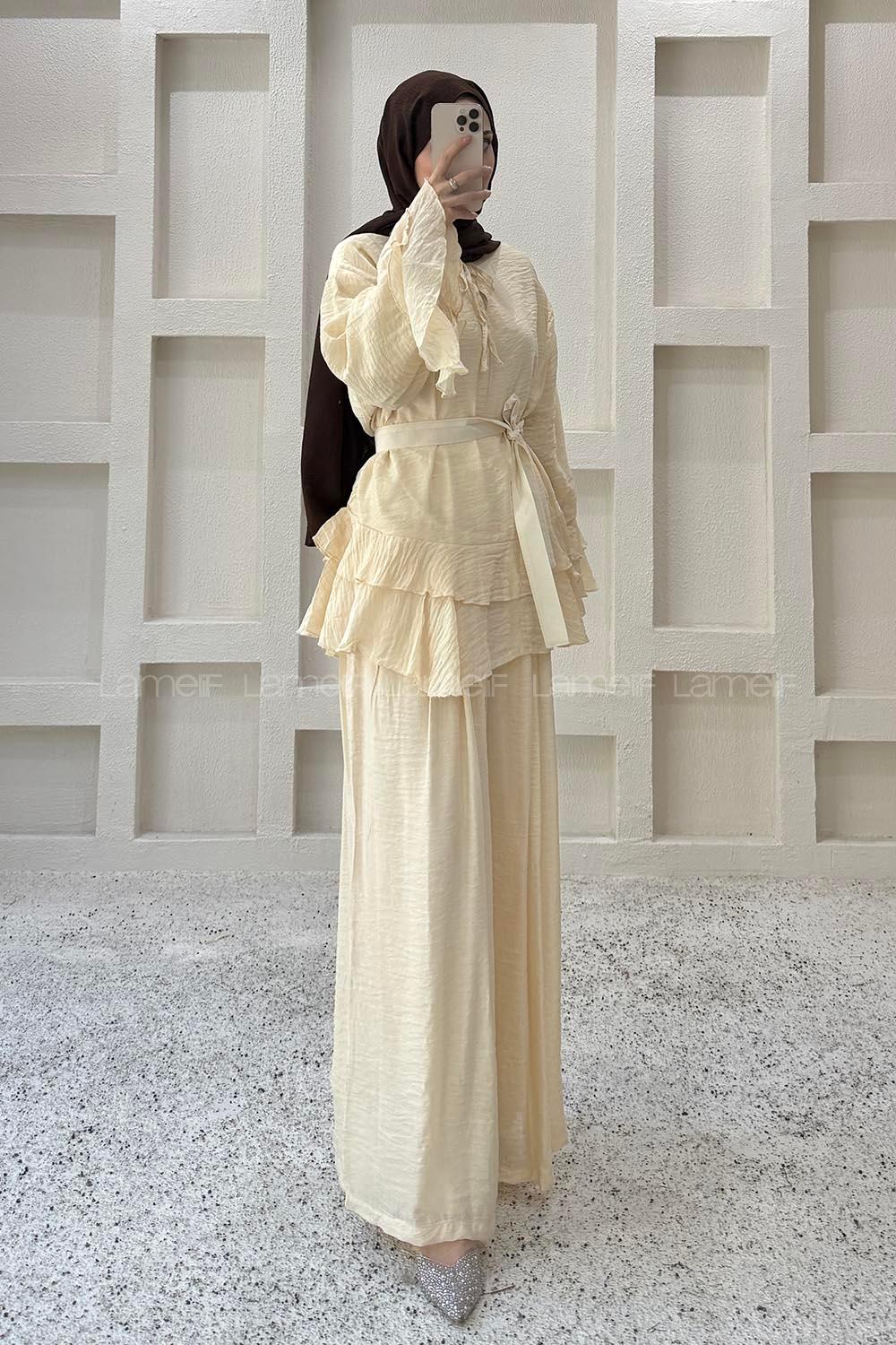 Soft Yellow Crew Neck Long Arm Cotton Flared Skirt Suit
