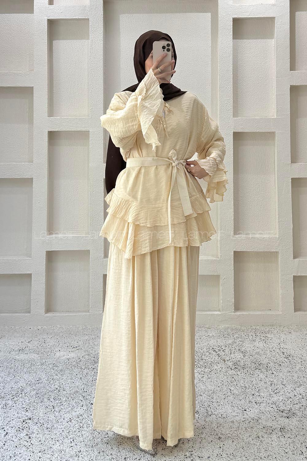Soft Yellow Crew Neck Long Arm Cotton Flared Skirt Suit