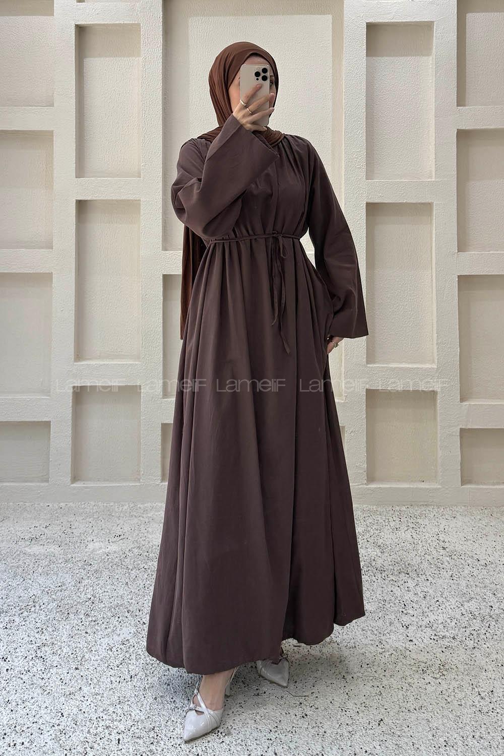 Bitter Brown Crew Neck Linen Dresess