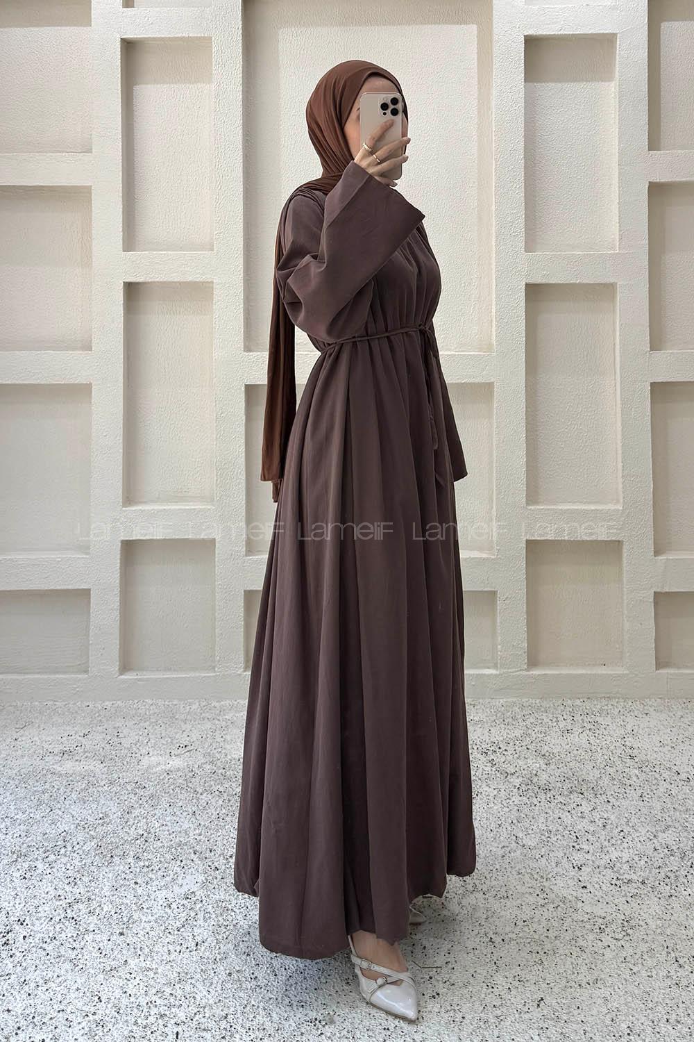 Bitter Brown Crew Neck Linen Dresess
