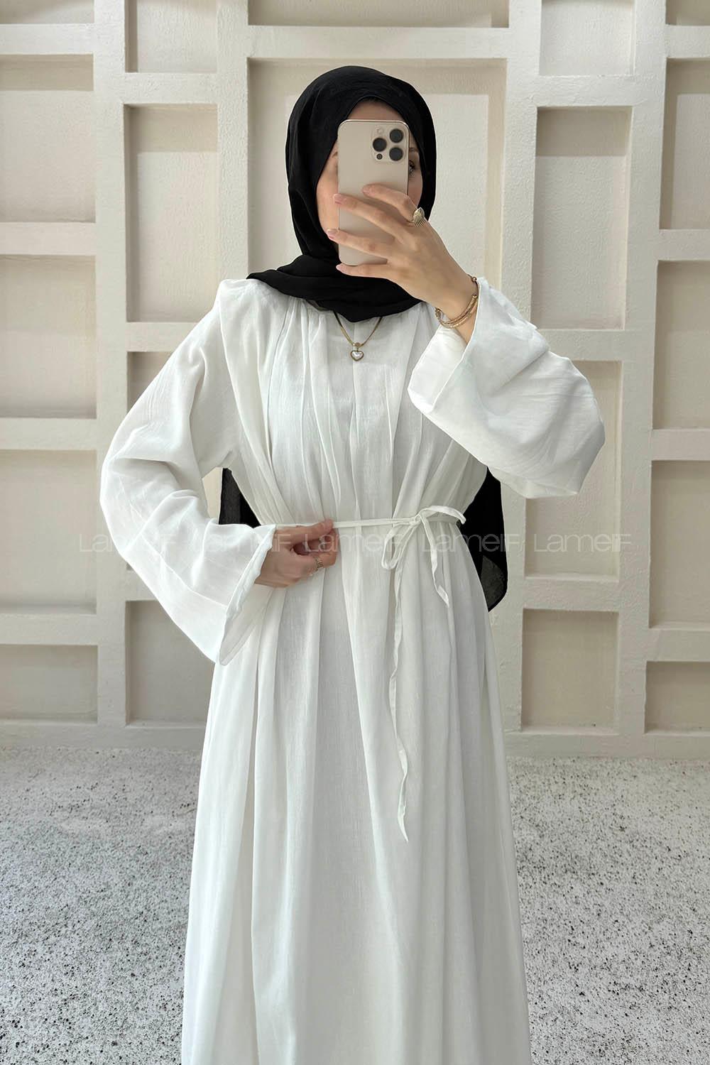 Ecru Crew Neck Linen Dresess