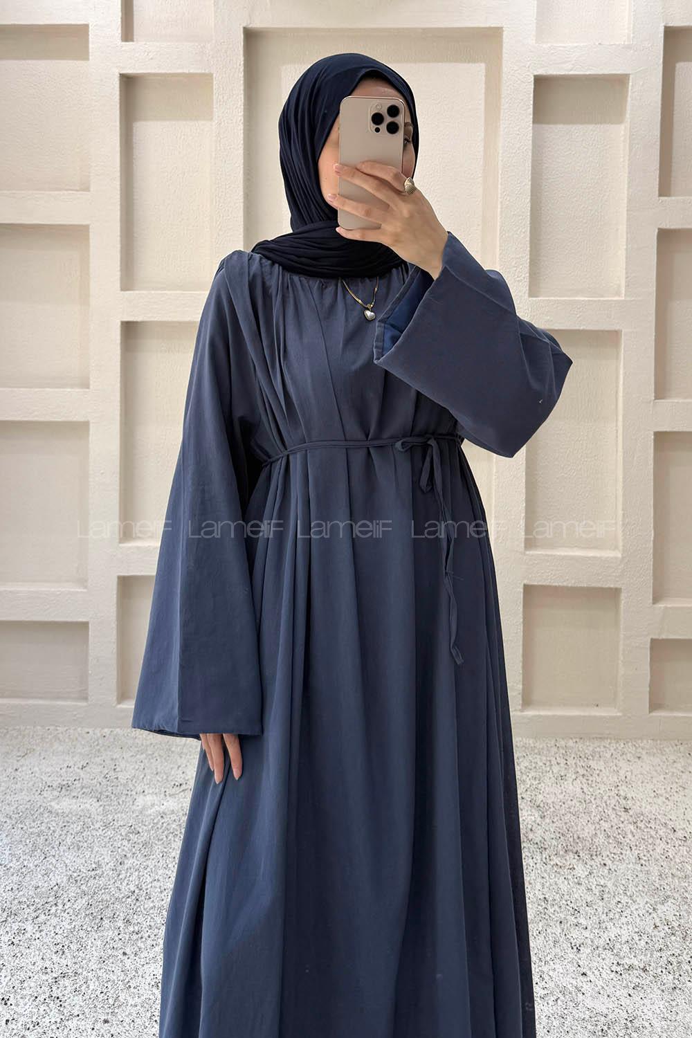 Navy Blue Crew Neck Linen Dresess