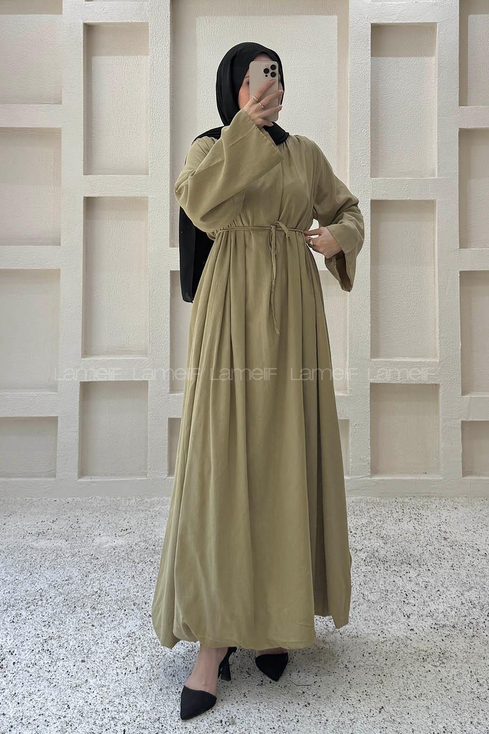 Oil Green Crew Neck Linen Dresess