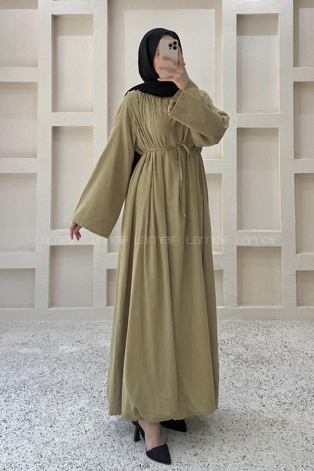 Oil Green Crew Neck Linen Dresess