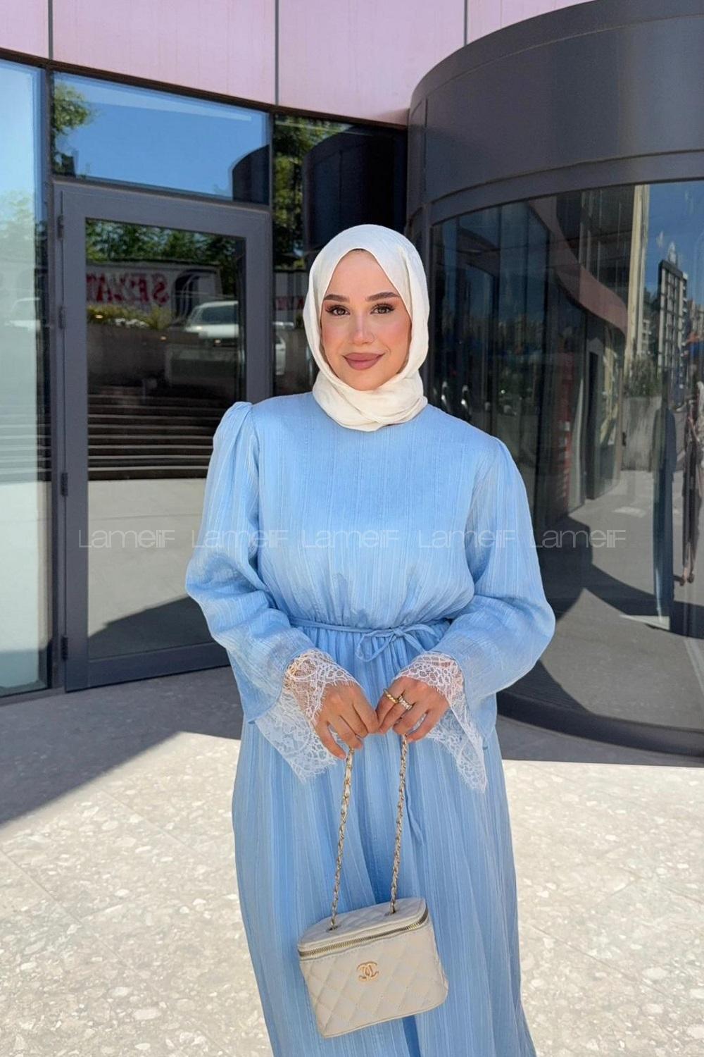 Lamelif Dantel Detaylı Matteo Elbise Bebe Mavisi
