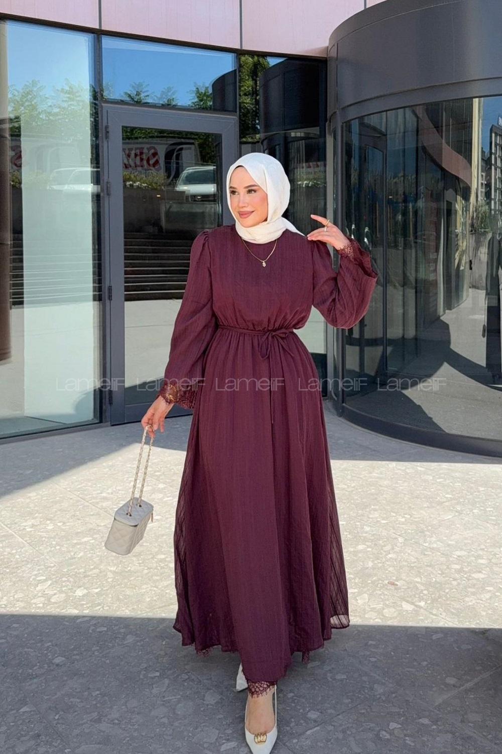 Lamelif Dantel Detaylı Matteo Elbise Mürdüm
